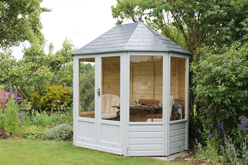 8ft x 6ft (2.4m x 1.8m). Contemporary design & grey woodstain finish