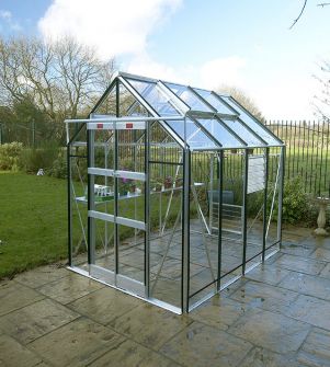 Elite GX600 6'3 x 8'5 in plain aluminium with black bar capping and toughened glass, diamond shelving and staging