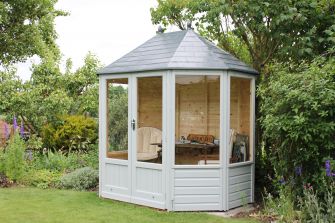 Oxfordshire Octagonal 8ft x 6ft (2.4m x 1.8m) contemporary design & grey woodstain finish

